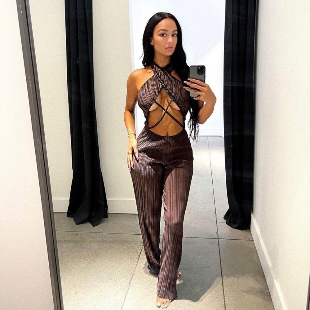 PrettyLittleThing Brown Plisse Jumpsuit